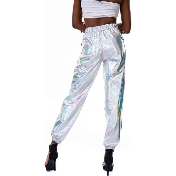 Womens Shiny Metallic Stretchy Pants Club Wear Holographic Trousers Sweat pant - Picture 3 of 5